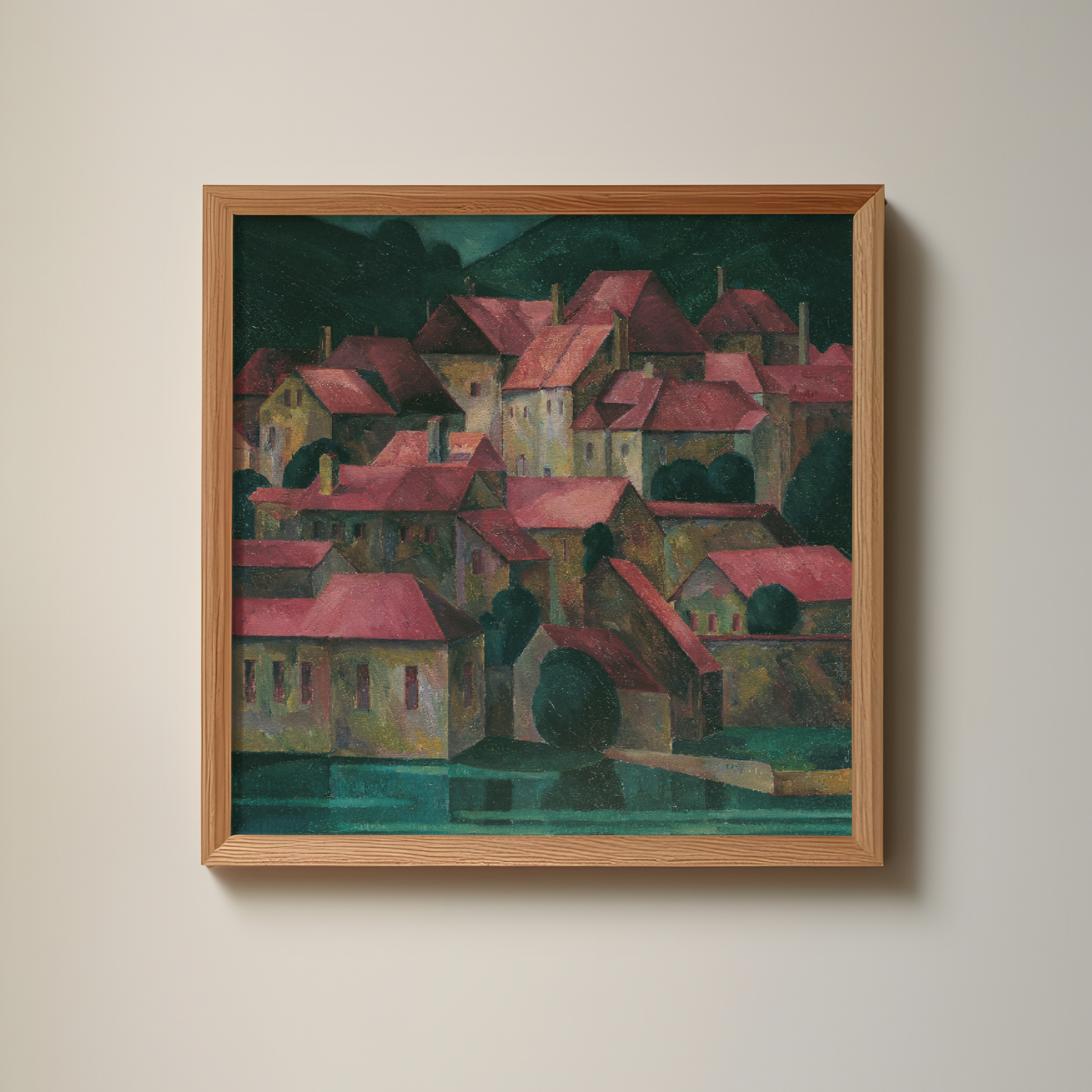 Rote Dächer (1927) by Maximilian Reinitz. A colorful vintage wall art print. homes along the seaside with pink roofs. moody, maximalist, mid-century home decor, gallery wall print, printed art print