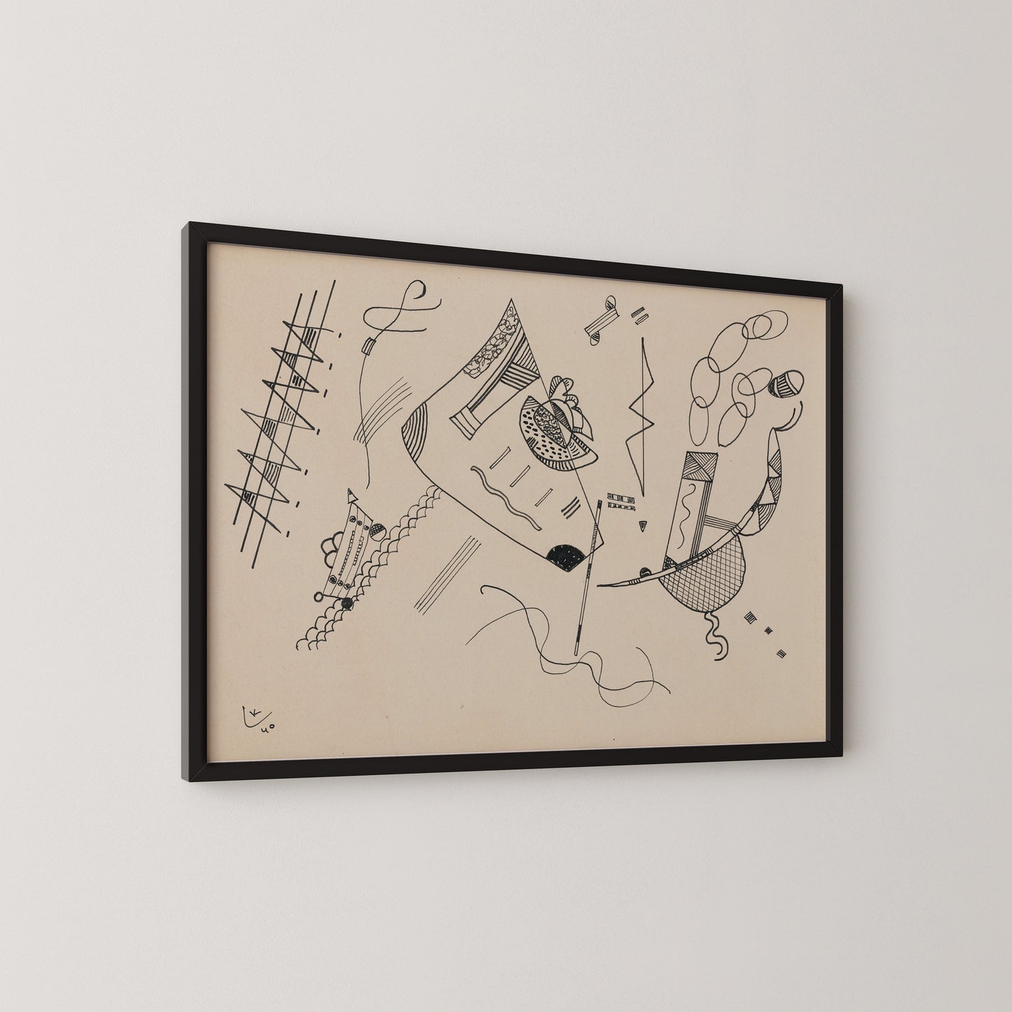 Kandinsky, abstract line drawing, lack and white modern art, mid-century abstract art, geometric, minimalist wall art, retro modern decor, vintage art print, Scandinavian, hand-drawn, timeless, architectural, sketch, hand-drawn