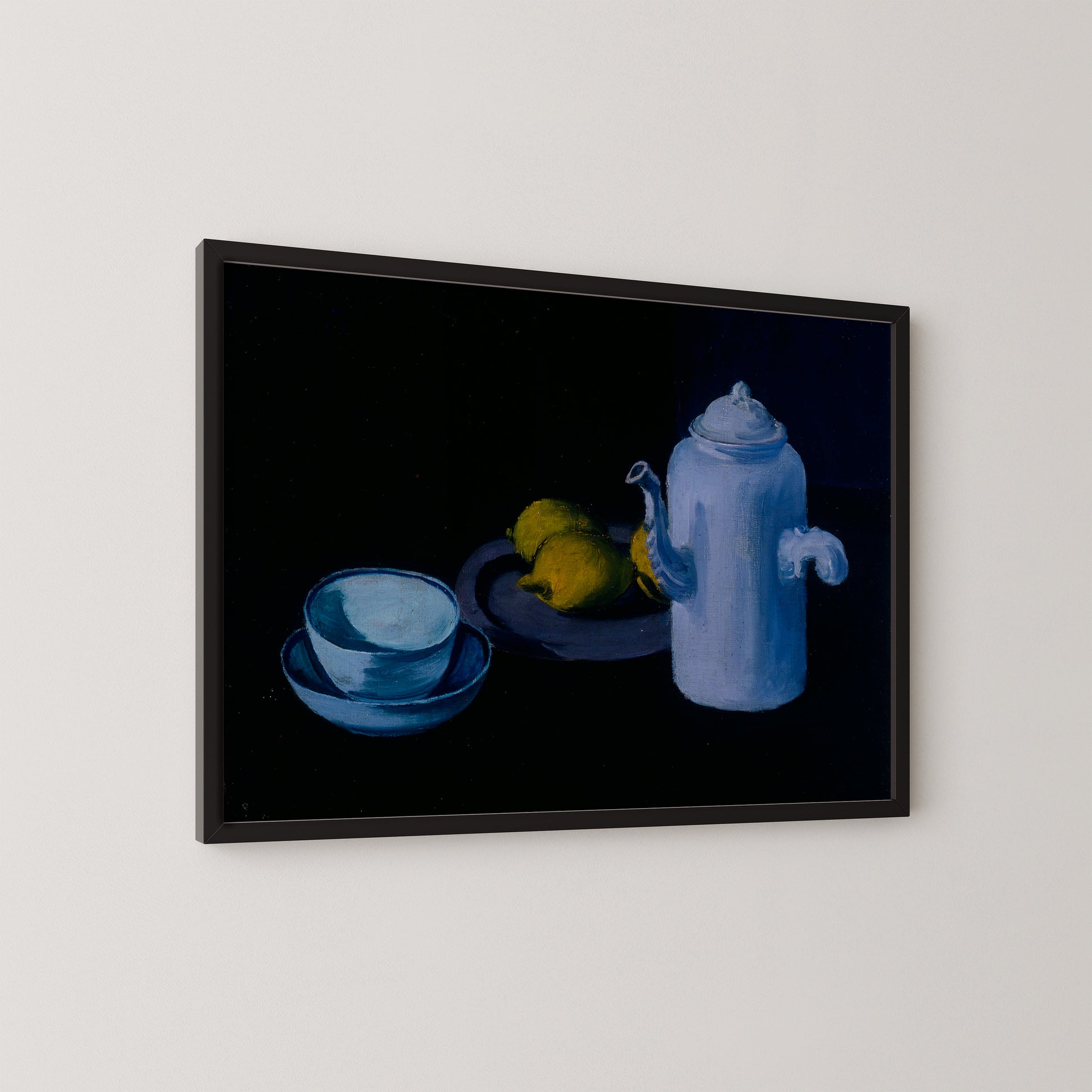 still life, mid century art, kitchen print, lemons and teapot, moody art, digital wall art, dining room art