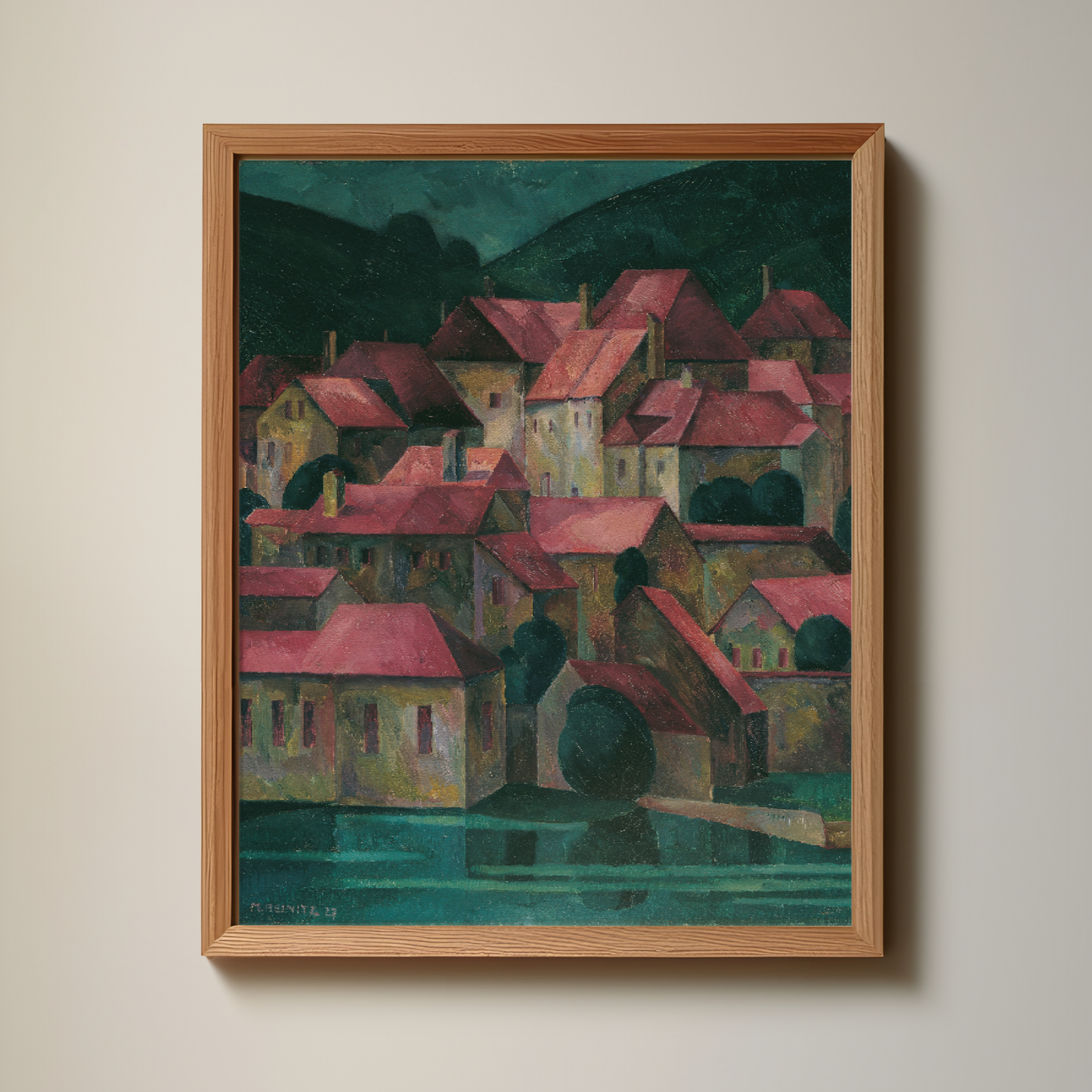 Rote Dächer (1927) by Maximilian Reinitz. A colorful vintage wall art print. homes along the seaside with pink roofs. moody, maximalist, mid-century home decor, gallery wall print, printed art print