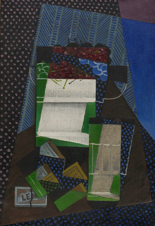 The painting Cherries; by Juan Gris depicts a still life of cherries arranged on a geometric, abstract surface. The cherries are rendered with reds, and the background features cubist patterns in shades of brown and gray.