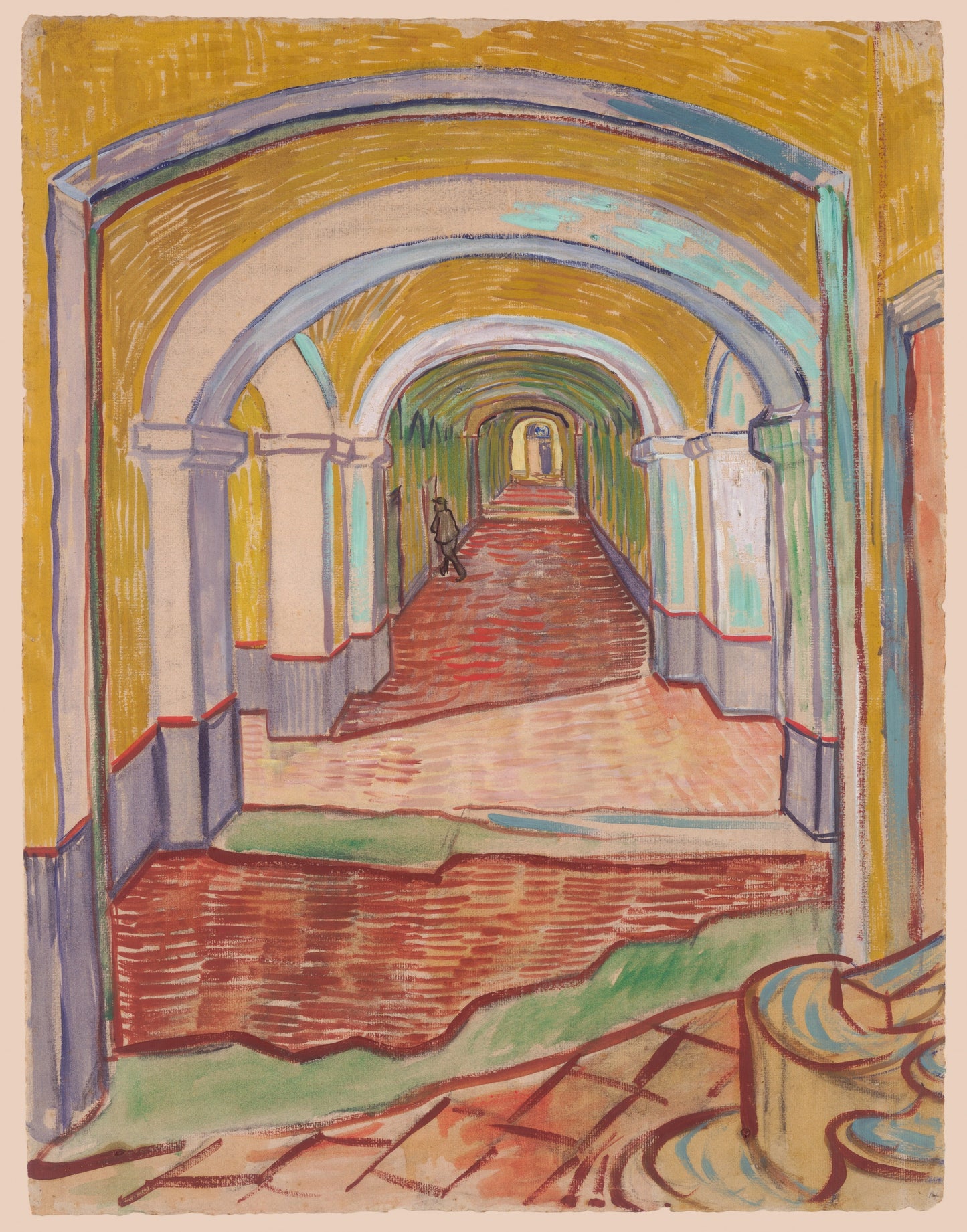 Corridor in the asylum by Vincent Van Gogh. colorful, vintage, Van Gogh art print. oversized wall art. dorm room decor. living room art. pink, yellow, red, green wall art. gift for home. housewarming gift. affordable art print. Van Gogh painting.