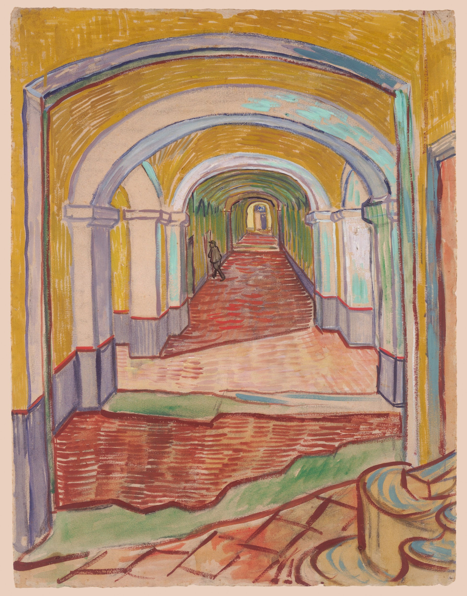 Corridor in the asylum by Vincent Van Gogh. colorful, vintage, Van Gogh art print. oversized wall art. dorm room decor. living room art. pink, yellow, red, green wall art. gift for home. housewarming gift. affordable art print. Van Gogh painting.