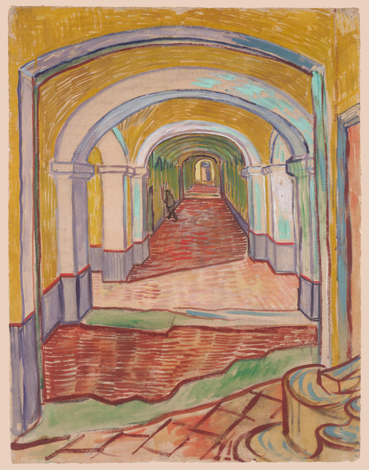 Corridor in the asylum by Vincent Van Gogh. colorful, vintage, Van Gogh art print. oversized wall art. dorm room decor. living room art. pink, yellow, red, green wall art. gift for home. housewarming gift. affordable art print. Van Gogh painting.