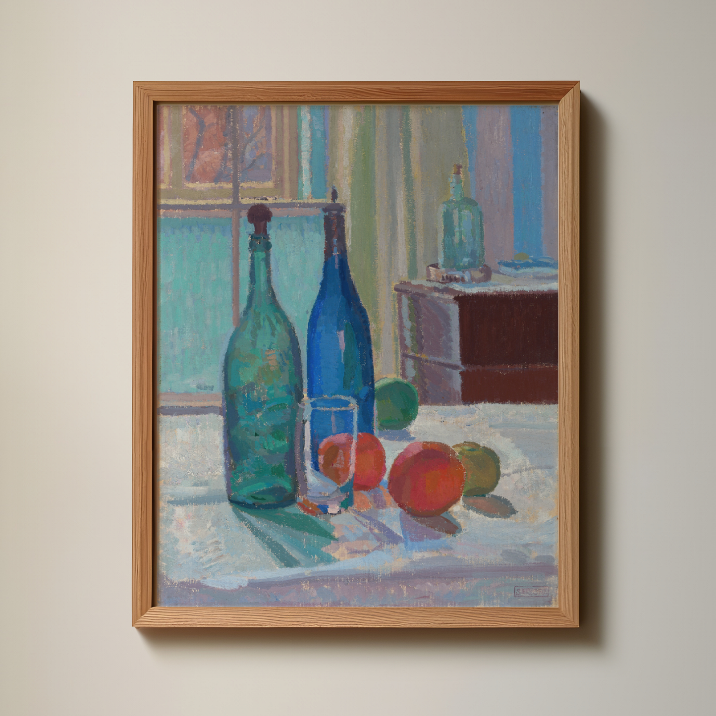 Blue and green bottles and oranges still life vintage art print. Kitchen art print, vertical art print, colorful wall art 