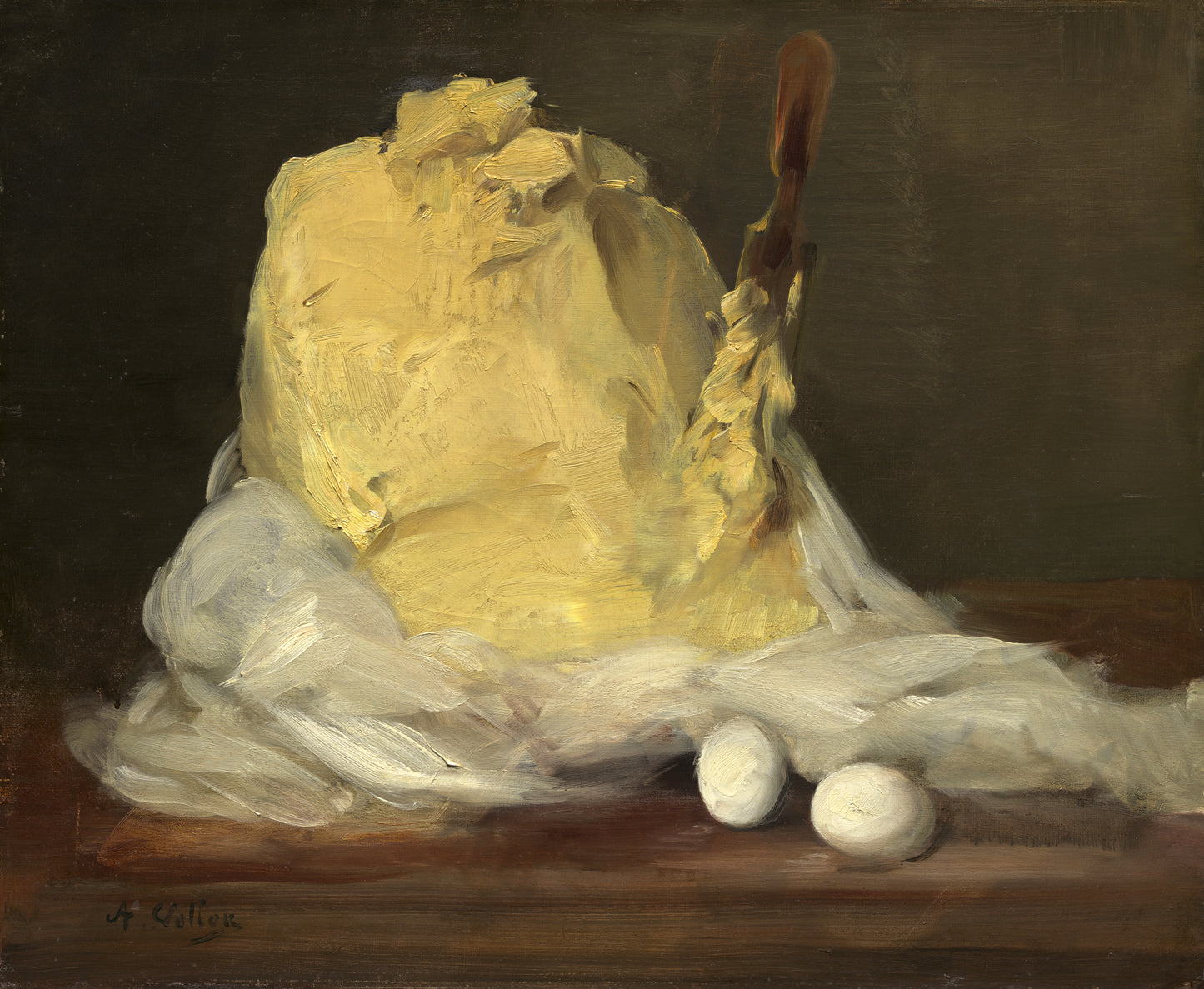 A mound of creamy, yellow butter sits to our left of center on a wooden table against an olive-green background. A long, narrow wooden paddle is stuck vertically into the right side of the mound, and is submerged almost up to the handle in butter.