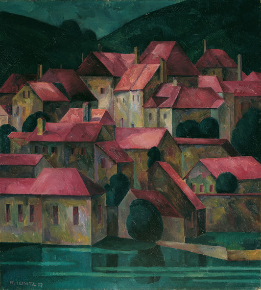 Rote Dächer (1927) by Maximilian Reinitz. A colorful vintage wall art print. homes along the seaside with pink roofs. moody, maximalist, mid-century home decor, gallery wall print, printed art print