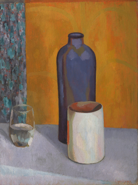 Still life painting featuring three objects: a blue bottle, a white ceramic vessel, and a glass of water. The color palette includes warm hues of oranges and blues. kitchen print, still life, mid-century modern vintage art prints. 