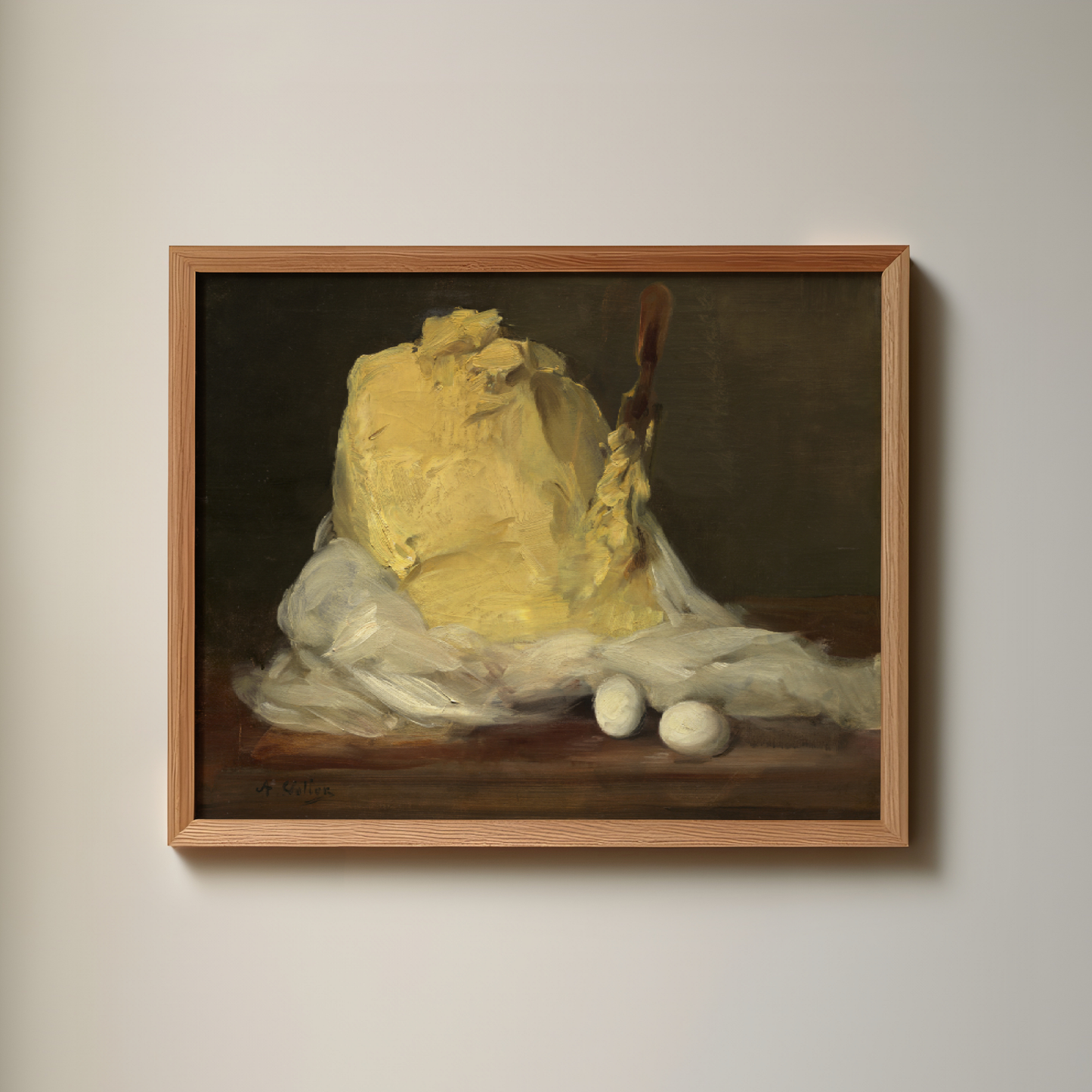 A mound of creamy, yellow butter sits to our left of center on a wooden table against an olive-green background. A long, narrow wooden paddle is stuck vertically into the right side of the mound, and is submerged almost up to the handle in butter.