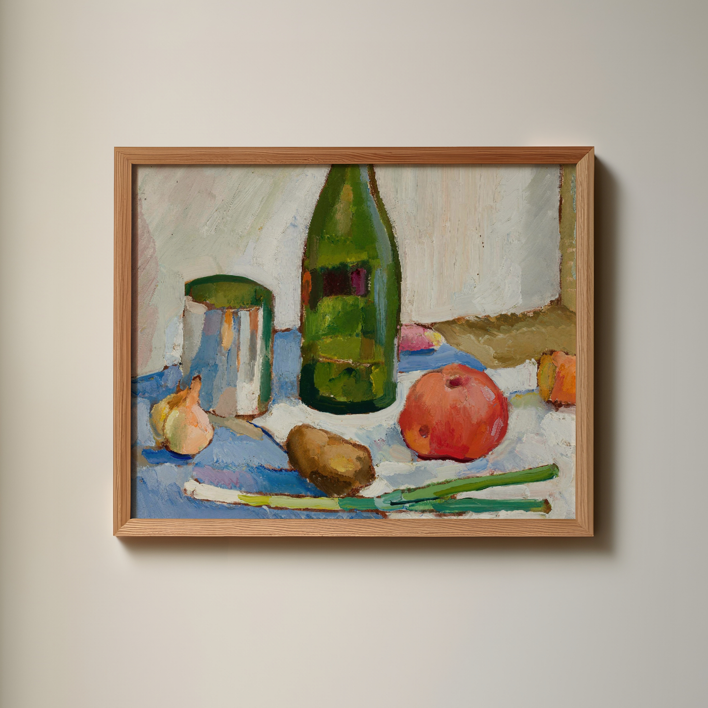 A colorful vintage art print. Still life with a green bottle (1914-18) by Zygmunt Waliszewski. Perfect for kitchen and dining rooms. Housewarming gift. Wine gift. Vintage kitchen art print. Affordable art print for home. Colorful eclectic wall decor