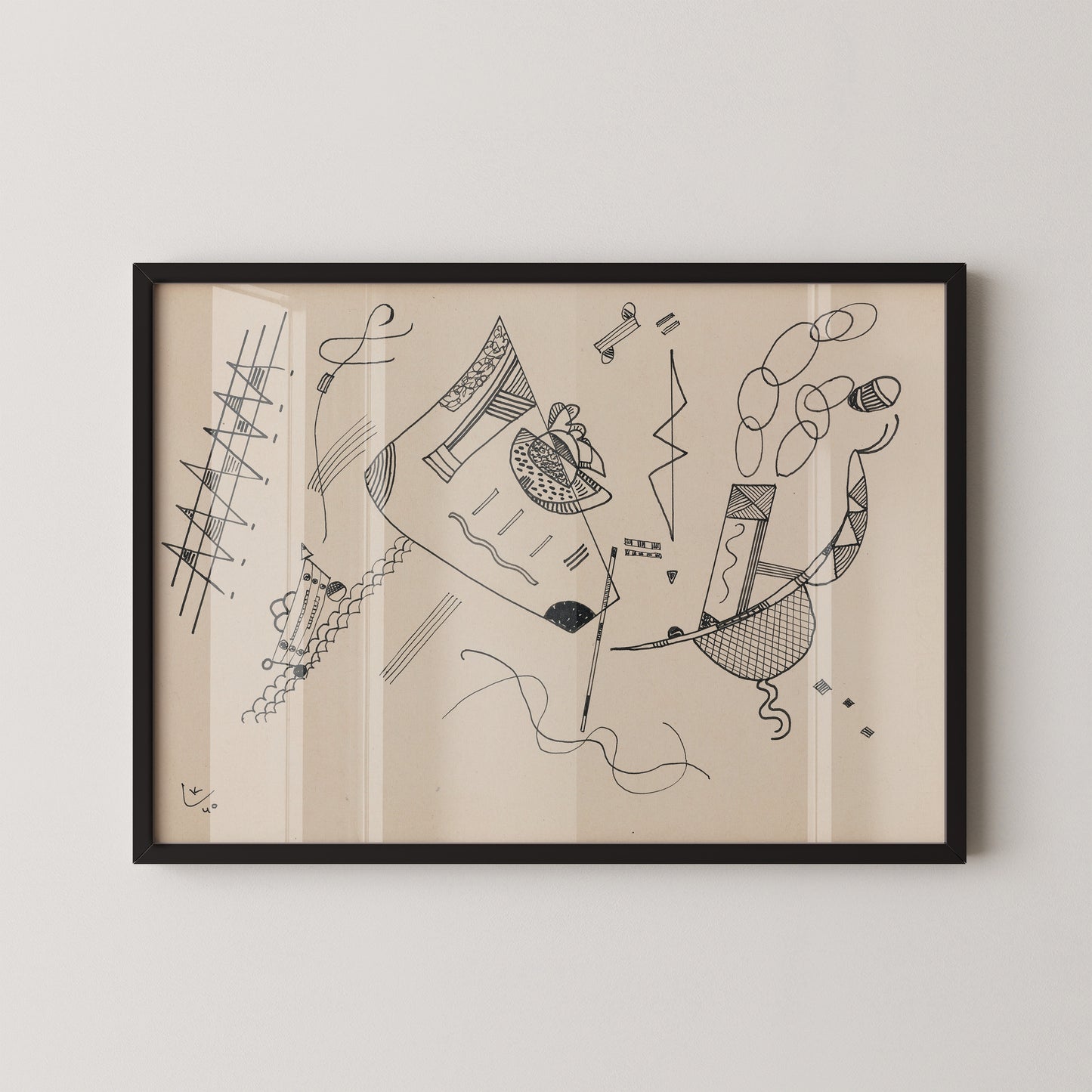 Kandinsky, abstract line drawing, lack and white modern art, mid-century abstract art, geometric, minimalist wall art, retro modern decor, vintage art print, Scandinavian, hand-drawn, timeless, architectural, sketch, hand-drawn