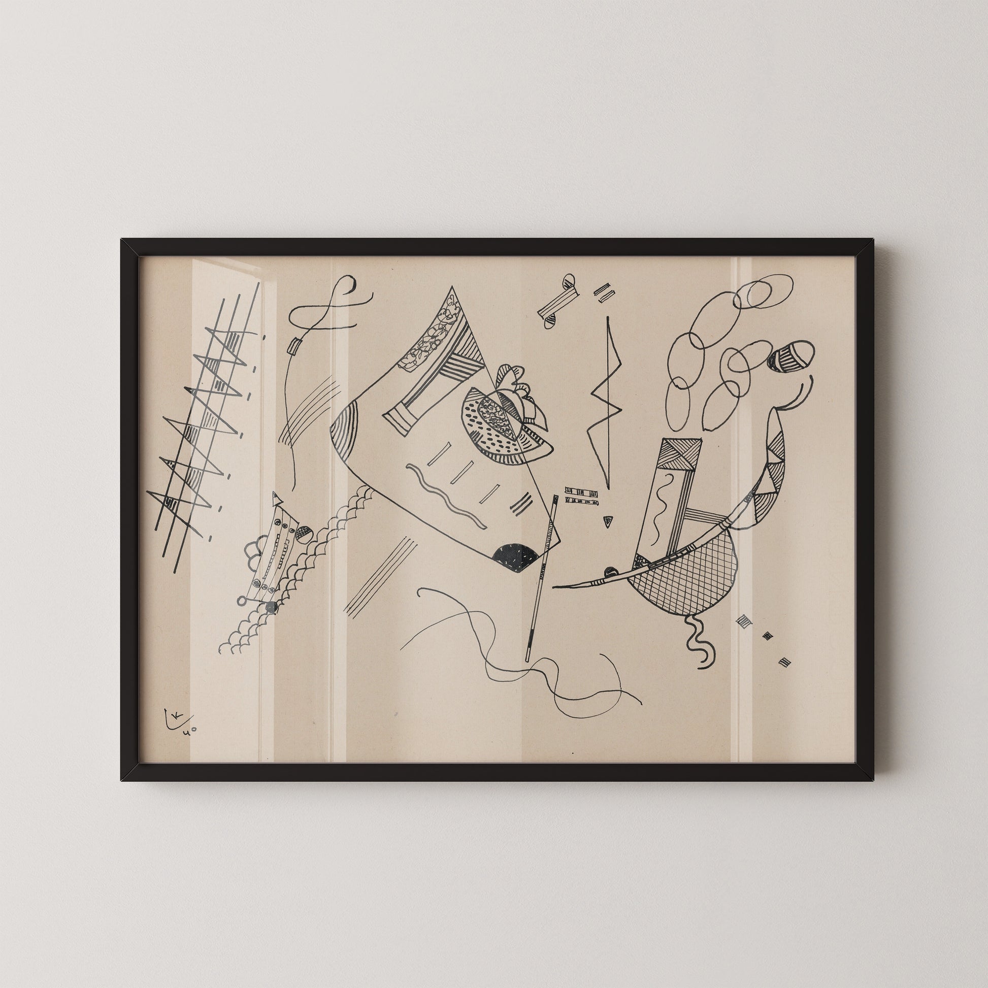 Kandinsky, abstract line drawing, lack and white modern art, mid-century abstract art, geometric, minimalist wall art, retro modern decor, vintage art print, Scandinavian, hand-drawn, timeless, architectural, sketch, hand-drawn