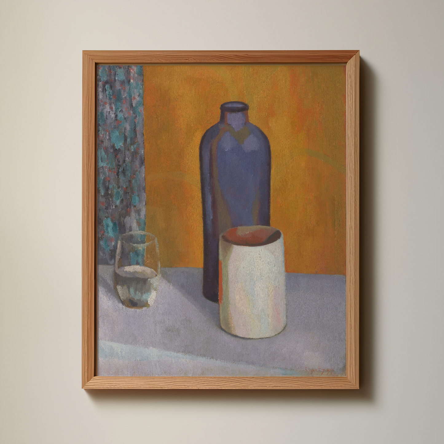 Still life painting featuring three objects: a blue bottle, a white ceramic vessel, and a glass of water. The color palette includes warm hues of oranges and blues. kitchen print, still life, mid-century modern vintage art prints. 